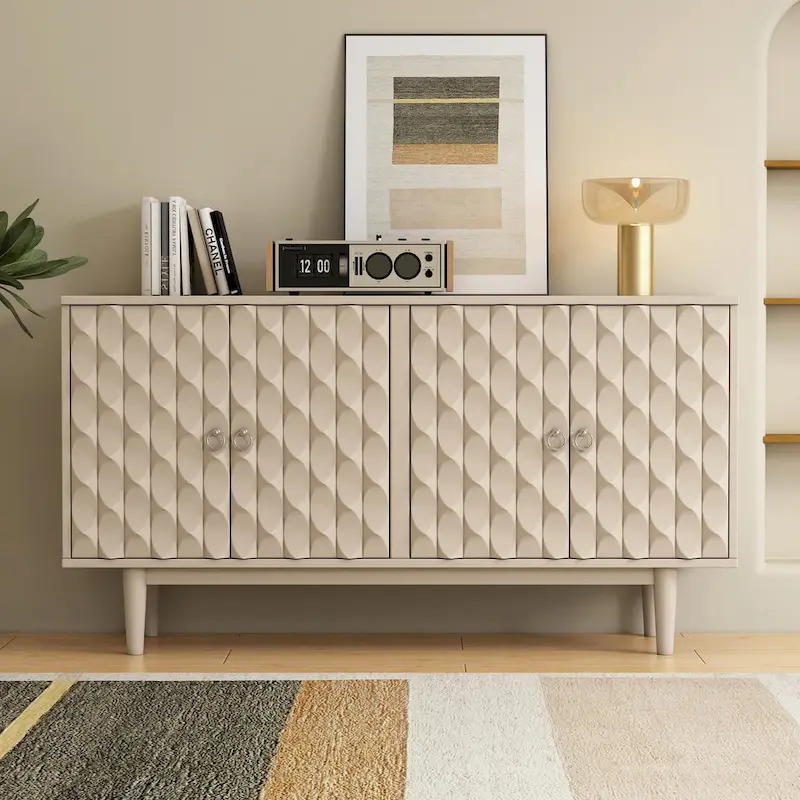 Modern 4-Door Sideboard with Convex Pattern Doors and Silver Handles