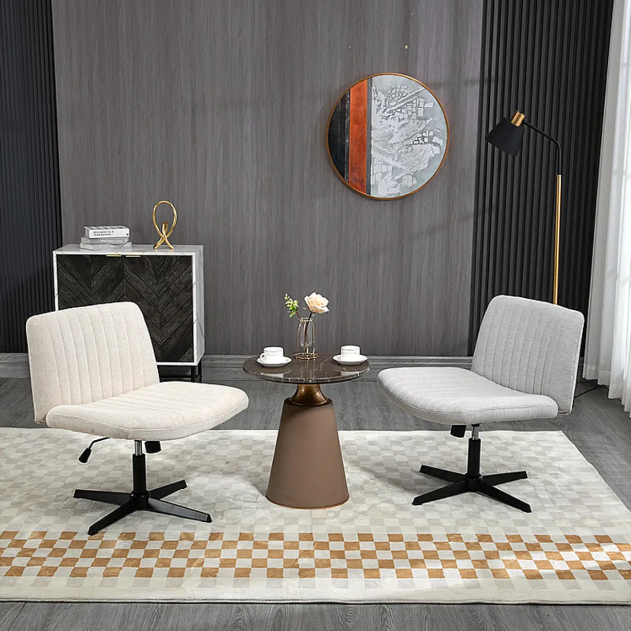 Low-Back White Upholstered Adjustable Swivel Office Chair