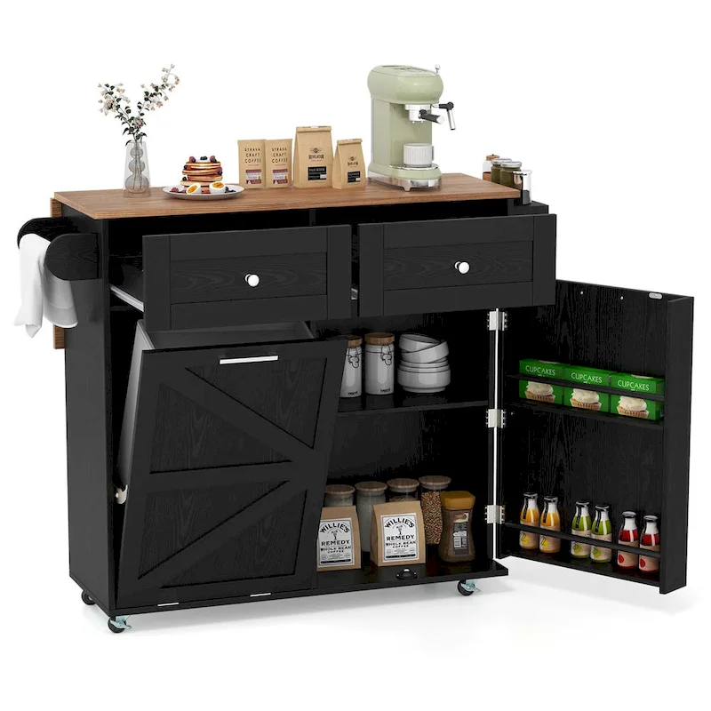 Drop-Leaf Rolling Kitchen Island Cart with Trash Cabinet & Storage – Black / White, Single
