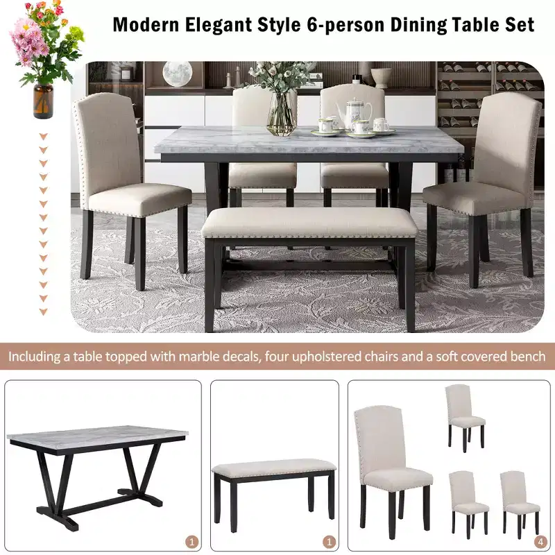 Whisen Modern Style 6-Piece Dining Table Set with 4 Chairs and 1 Bench and Teble with Marbled Veneers Tabletop - White