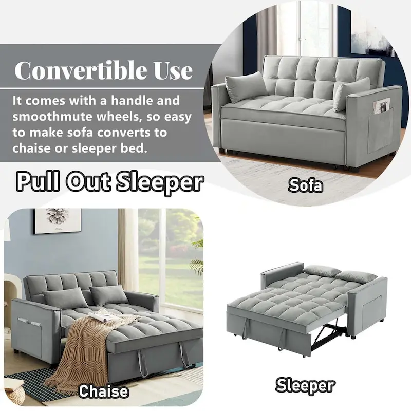 Convertible Sleeper Loveseat, 3-Position Backrest, Velvet, Foam, Side Pockets, USB, Seats 2/Twin Bed, Blue/Black/Grey