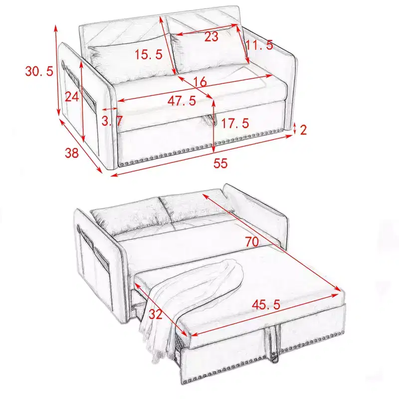 MAYEERTY Sleeper Sofa Bed with USB, 3-in-1 Adjustable Pull-Out Bed & Side Pocket (Velvet)