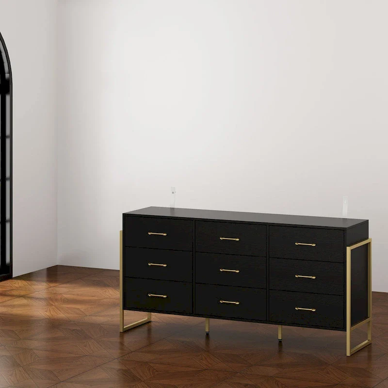 61.4W Modern Black Dresser with 9 Spacious Drawers - Gold Handles
