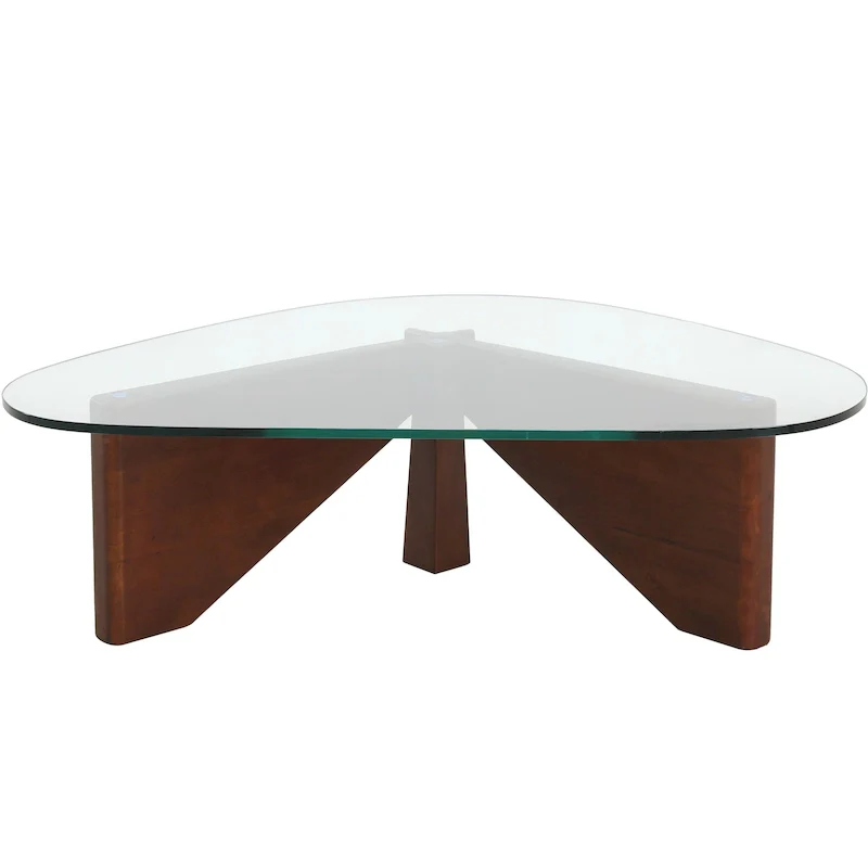 36  Triangular Mid Century Modern Accent Center Coffee Table with Glass Top and Wood Base for Living Room