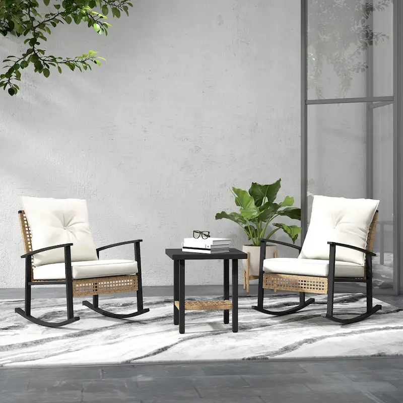 Outsunny 3 Piece Patio Bistro Set, Wicker Furniture Set with Button Tufted Cushions, Rattan Rocking Chairs and Coffee Table