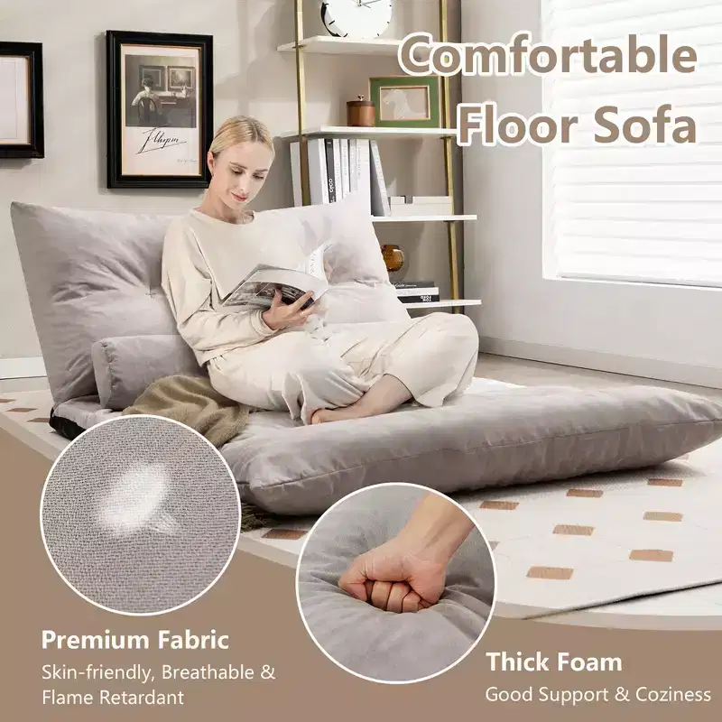Convertible Lazy Sofa Bed with 42-Level Adjustable Backrest & 2 Lumbar Pillows Gray/Beige