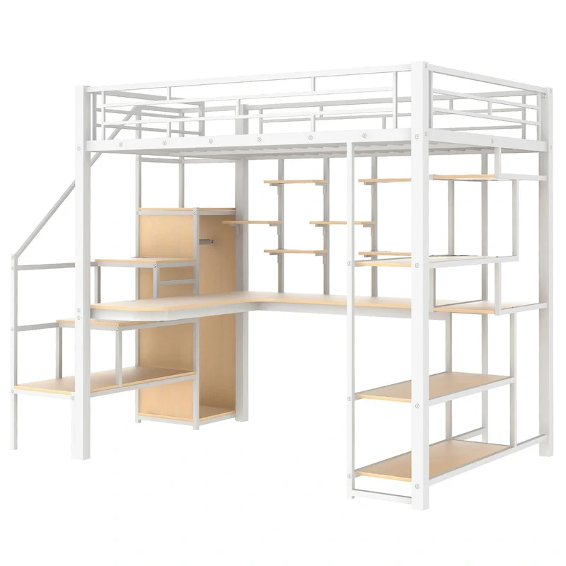 White Full Metal Loft Bed with Storage Staircase & Wardrobe