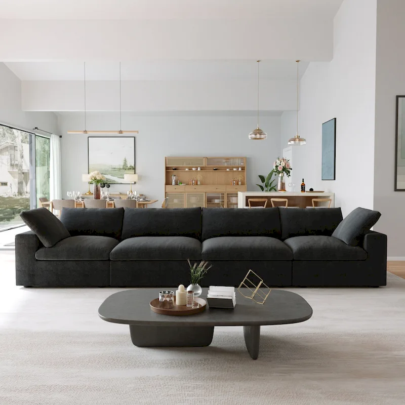 Black Commix Down Filled Overstuffed Sectional Sofa with Ottoman