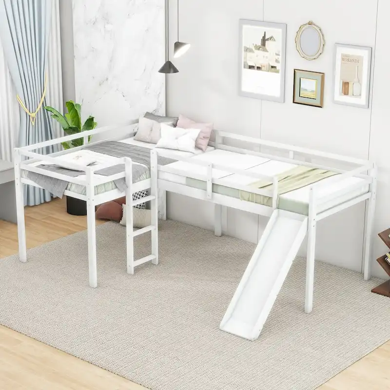 Twin Size L-Shaped Loft Bed with Ladder and Slide