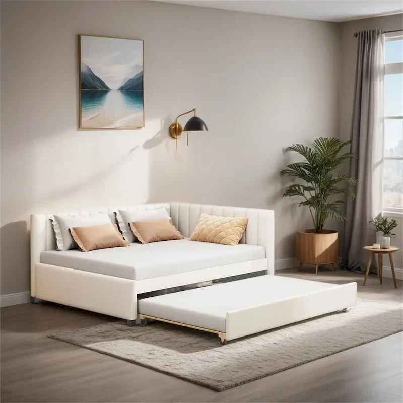 Full Size Upholstered Daybed with Twin Trundle, Linen Fabric, 78.9"L x 57.9"W, No Box Spring