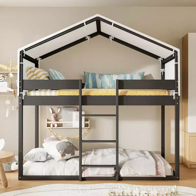 CLIHOME Rustic Twin Over Twin Wood Bunk Bed Frame with Tent and Ladder