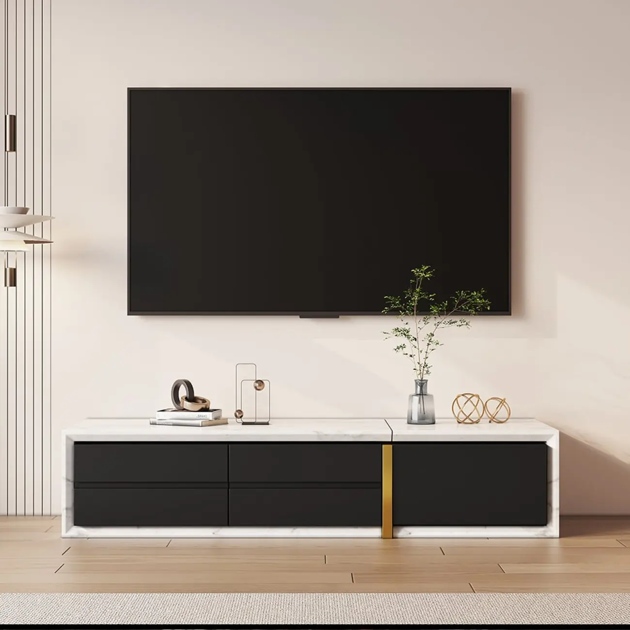 Extendable Modern White & Black 2 Drawers Wooden TV Stand