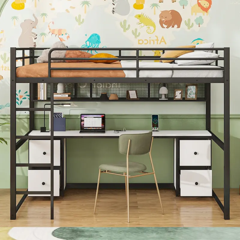 Full Size Metal Loft Bed with Desk, Drawers and Bedside Tray, Charging Station, USB and socket