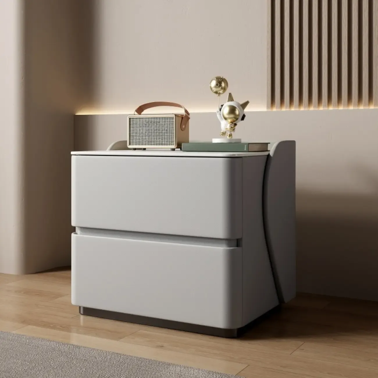 Modern Stone Top Leather Pine 2-Drawer Nightstand