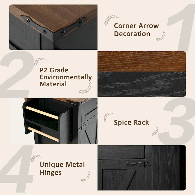 53.5 Farmhouse Kitchen Island - Power Outlet, Drop Leaf, Spice Rack, Drawer, Rolling Cart on Wheels