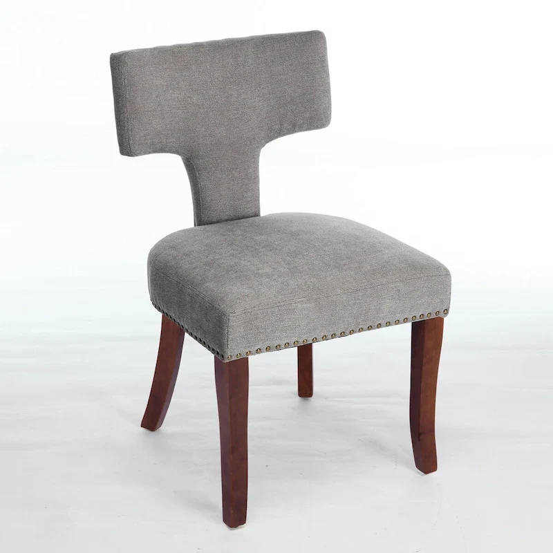 Modern Dining Chairs Set of 2, Farmhouse Linen Fabric Upholstered Accent Chair Curved Backrest with Copper Nails around