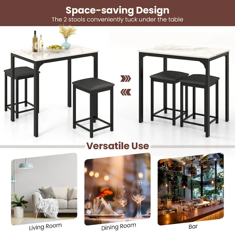 Costway 3 Piece Counter Height Dining Set Faux Marble Table 2 Chairs