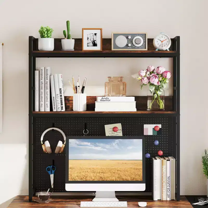 Costway 2-Tier Countertop Desktop Bookshelf w/ Metal Pegboard 2 Anti-tipping Devices