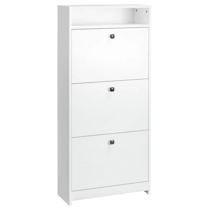 Slim Shoe Cabinet, Trendy Shoe Storage Cabinet with 3 Large Fold-Out Drawers & a Spacious Top Surface for Small Items, White