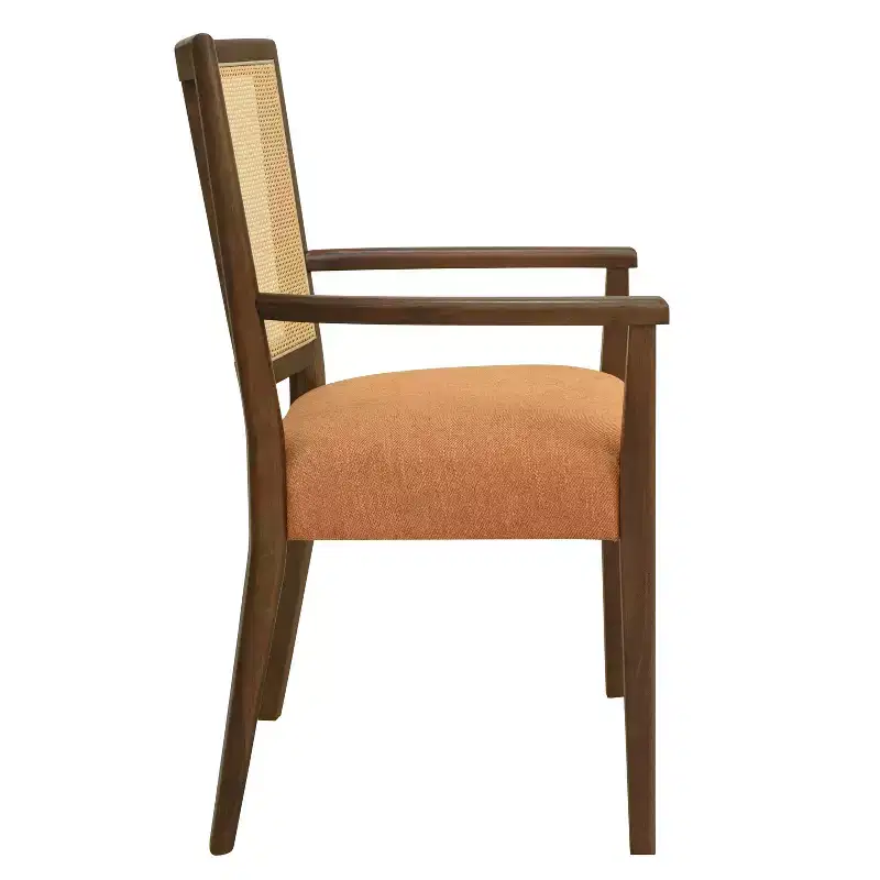 Beige/Dark Brown Upholstered Dining Arm Chairs with Rattan Back, Set of 2