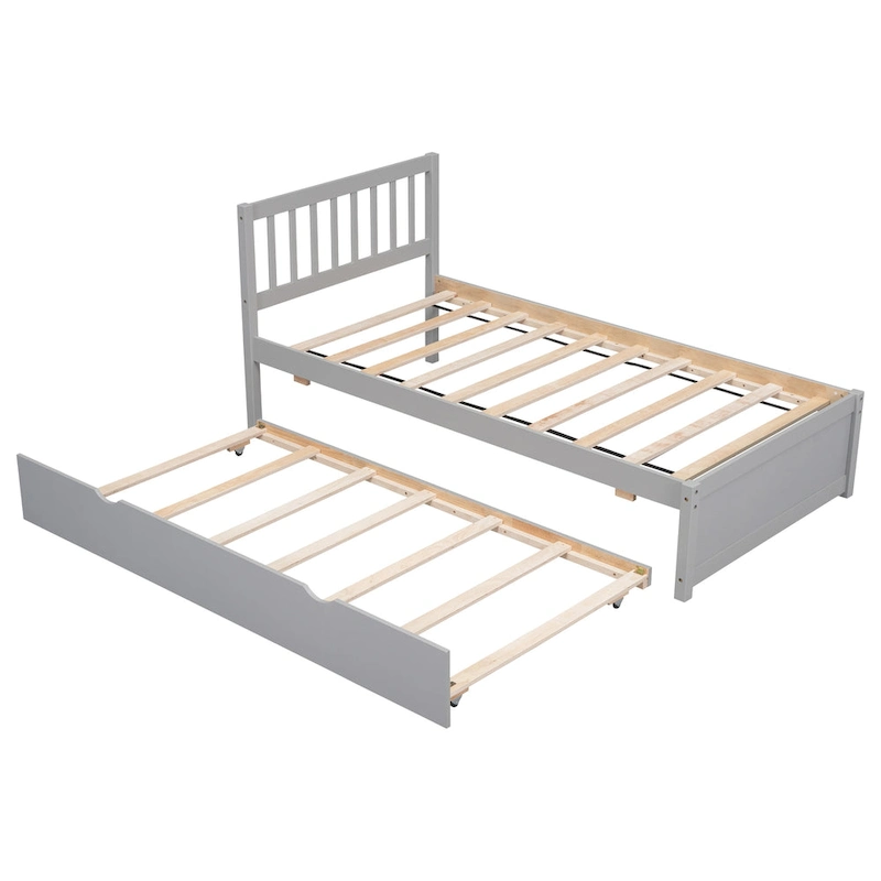 Grey Walnut Rubberwood Twin Platform Bed with Trundle, Sleek Design, No Box Spring Needed