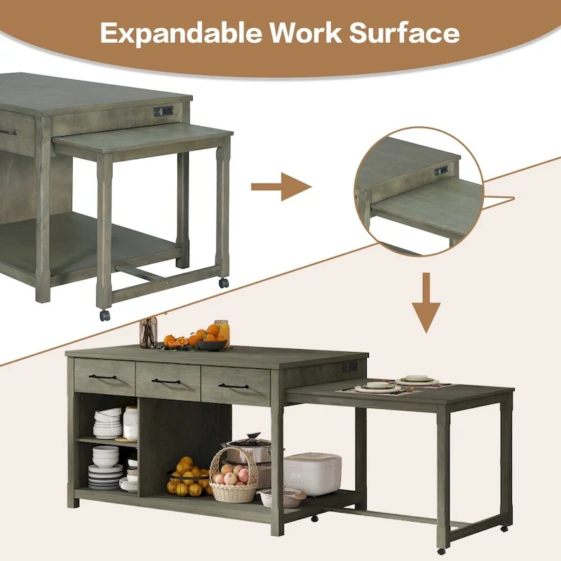 Extendable Kitchen Island with Power Outlets - Distressed Wood