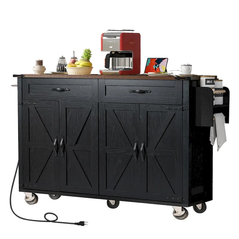 53.5 Farmhouse Kitchen Trolley with Power Outlet, Drop Leaf, Spice Rack, and Drawers, Mobile Cart on Wheels