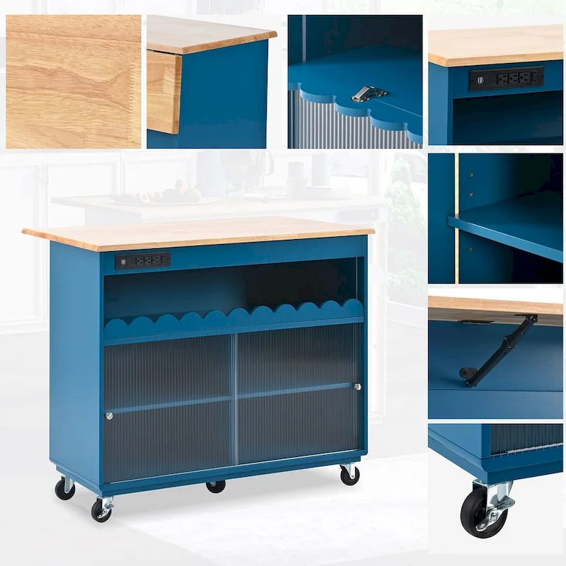 Multi-Functional Kitchen Island Cart with Drop Leaf, LED Light, and Power Outlets