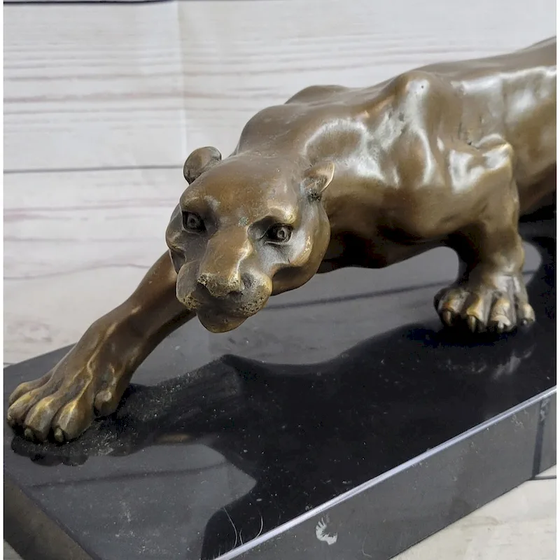 Cougar Puma Panther Mountain Lion Bronze Sculpture Statue On Marble Base