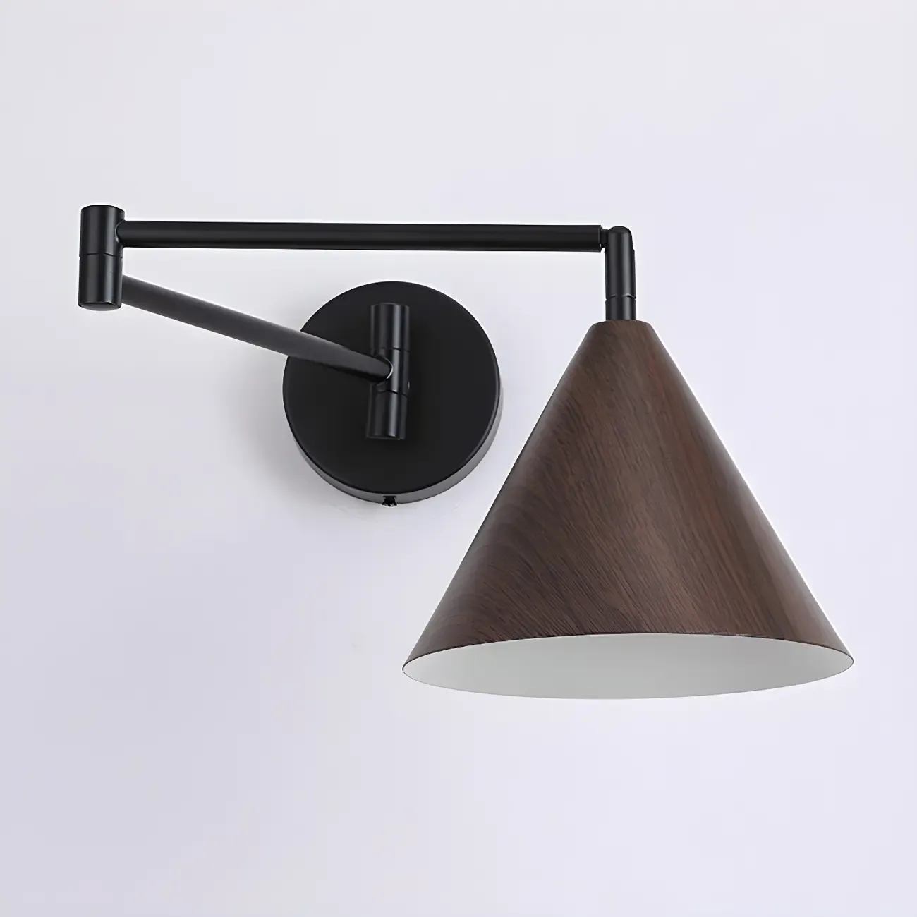 Black Metal Swing Arm Wall Light with Wood Shade