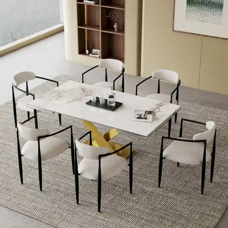 9-Piece Extendable Sintered Stone Dining Set with 8 Fabric Chairs - 94.48