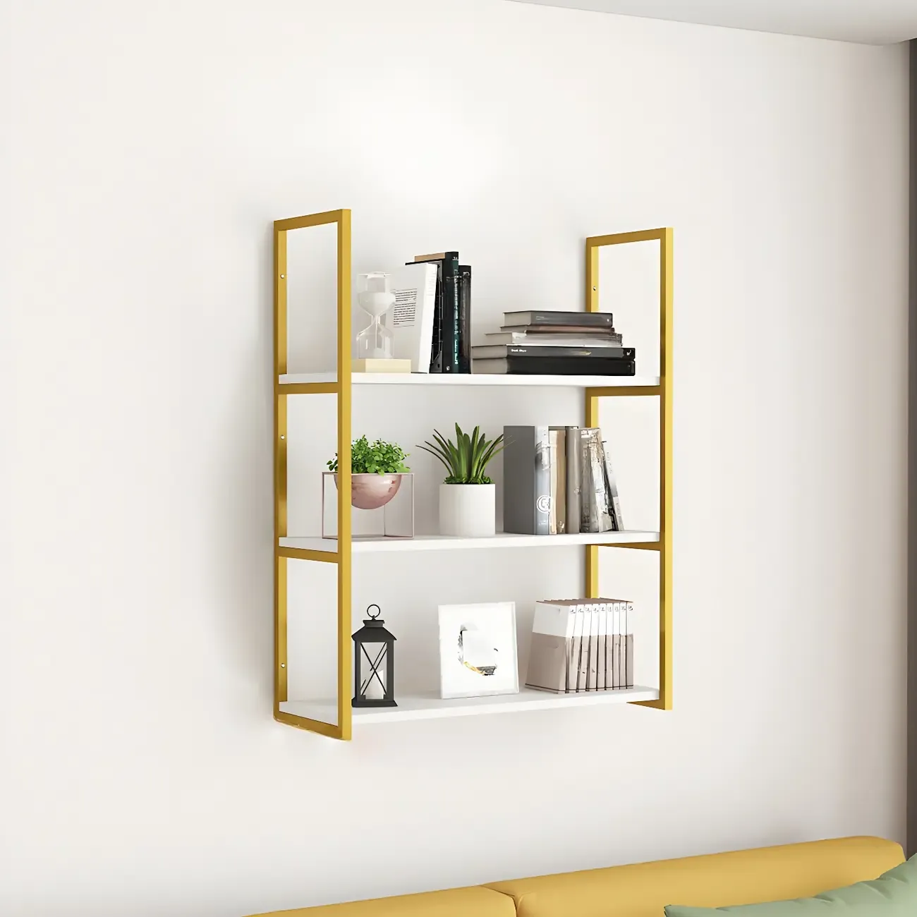 Modern Wall-Mounted Bookcase White Gold Display Shelf