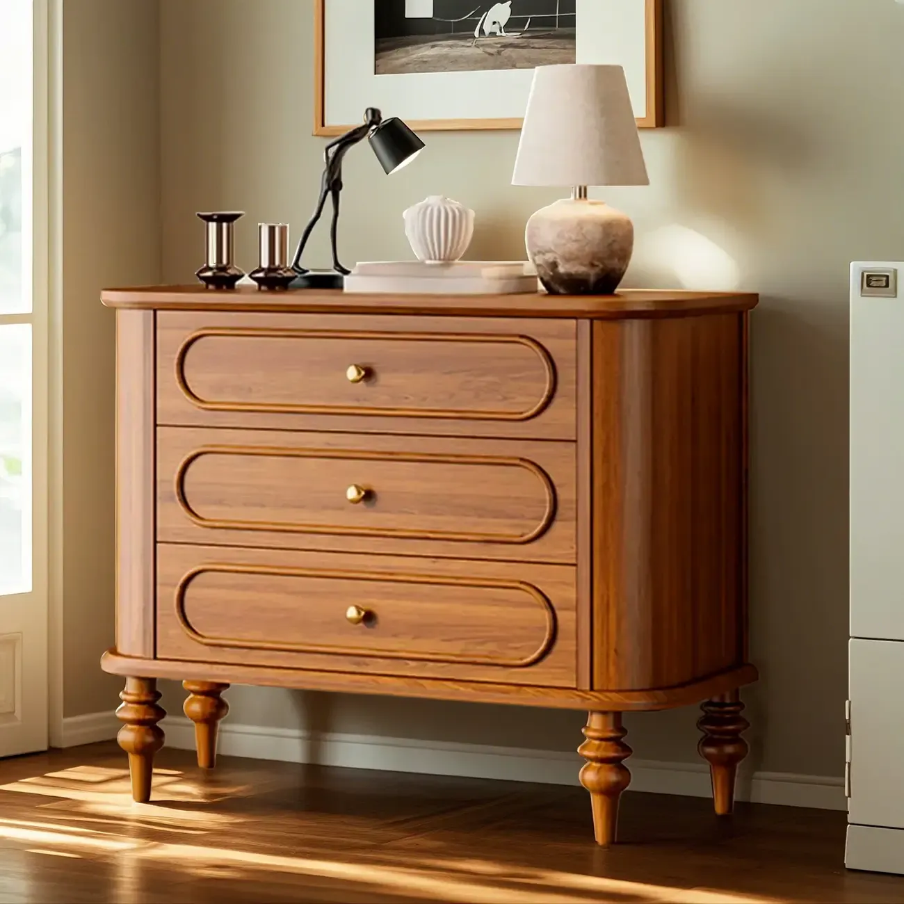 Vintage Wooden Dresser with 3-round Drawers for Restroom