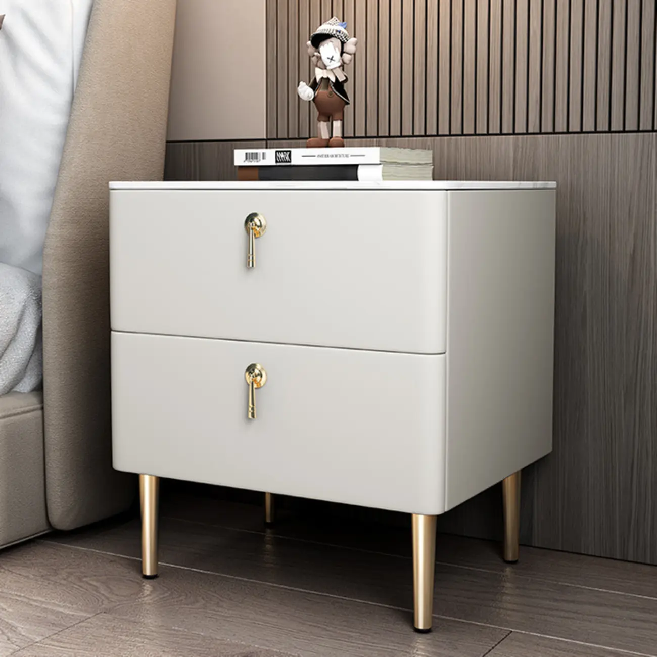 Modern Stone Top Gold Accents Leather 2 Drawer Nightstand
