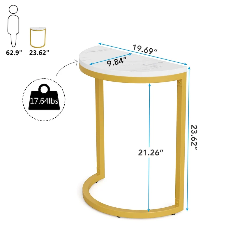 Half Round End Table, Narrow Side Table Slim C Table with Metal Frame