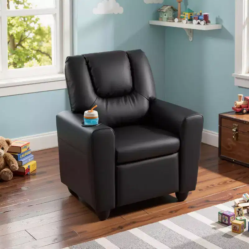 Kids Recliner Chair with Cup Holder – Beige / Black / Brown / Pink, Push-Back Style, 1-Seat