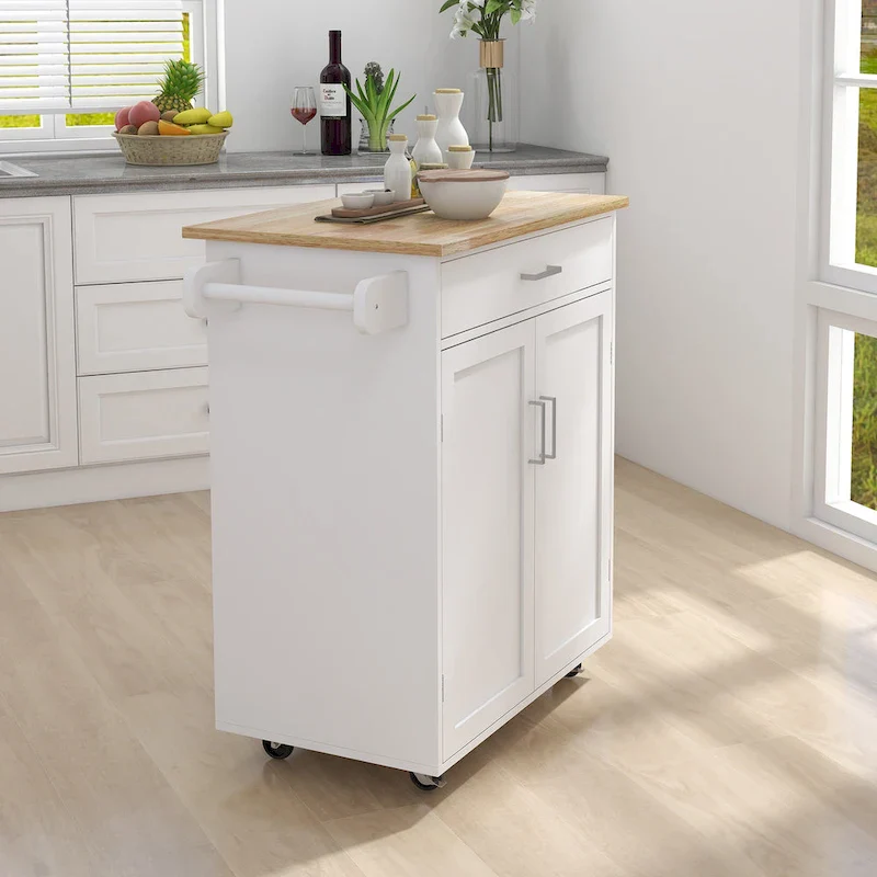 Rolling Kitchen Island Trolley Cart with Adjustable Shelves, Solid Wood Tabletop and Towel Rack
