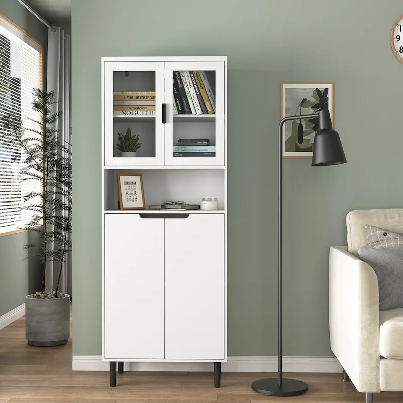 Tall Storage Show Cabinet with 2 Glass Display Door & 2 Doors, Modern Cabinet Freestanding for Bathroom, Dining Living Room