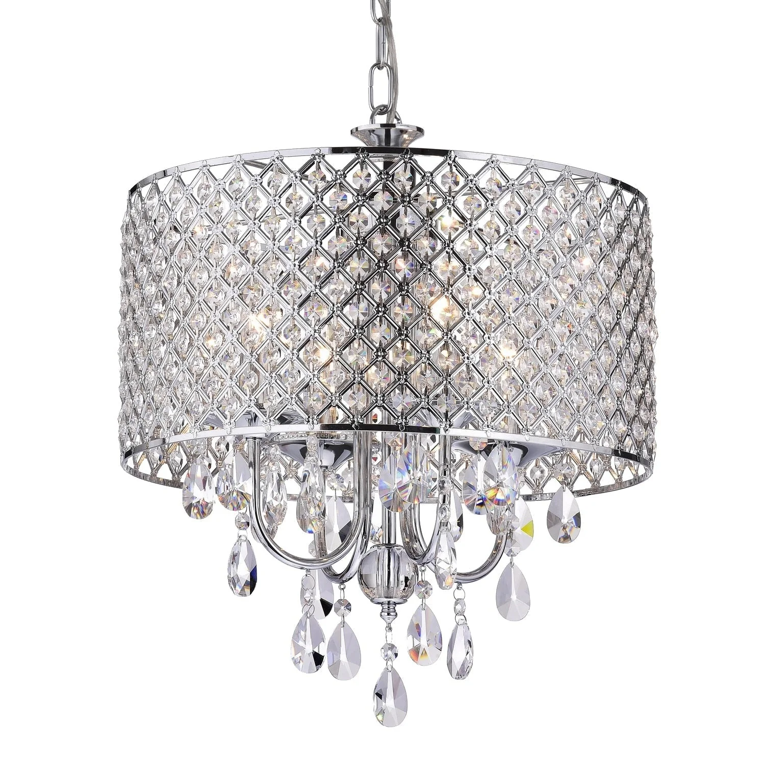 Round Beaded Drum Chandelier with Hanging Crystals