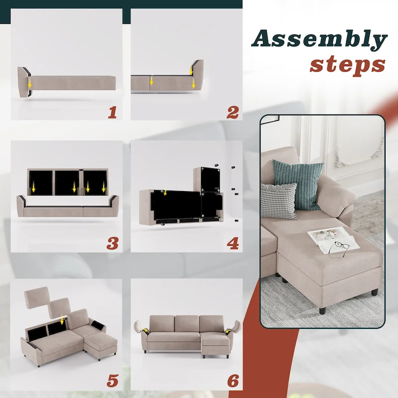 Futzca Sectional Sofa Couch, 3 Seat L Shaped Sofa with Removable Pillows