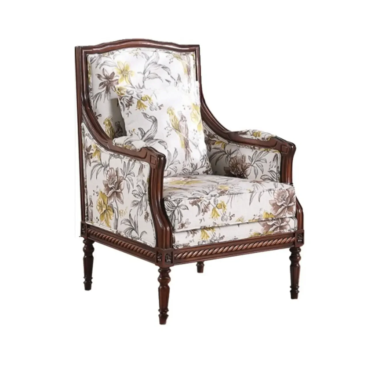 Vintage Fabric Armchair with Floral Pattern and Pillow
