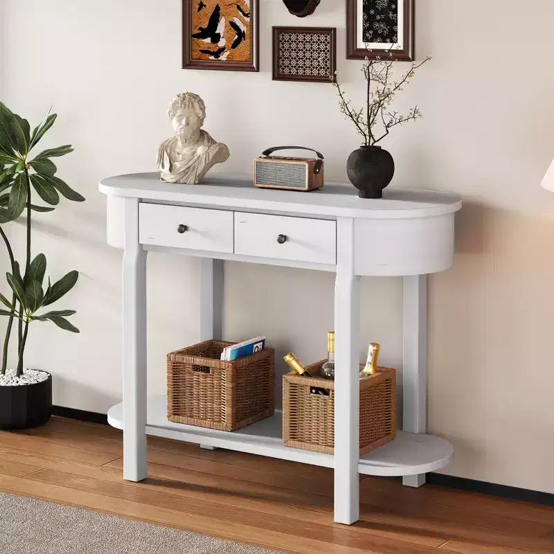 Brown Oval Console Table with Drawer & Open Shelf, 1-Person Assembly, 40