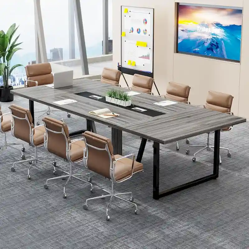 Large Rectangular Conference Table with Cable Management – Brown / Grey, Seats 8–10