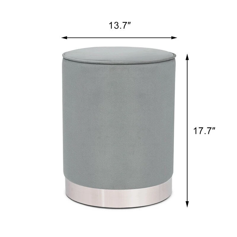Adeco Vanity Upholstered Round Velvet Ottoman Footstool Silver Trim