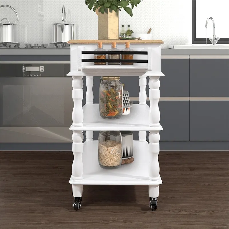 Rolling OAK Wood Top Kitchen Cart with Wine Rack and 2 Drawers