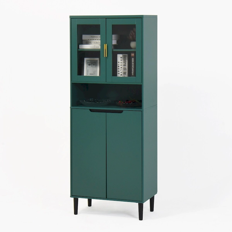 Tall Storage Show Cabinet with 2 Glass Display Door & 2 Doors, Kitchen Pantry Cabinet with Gold HandlesCabinet Freestanding