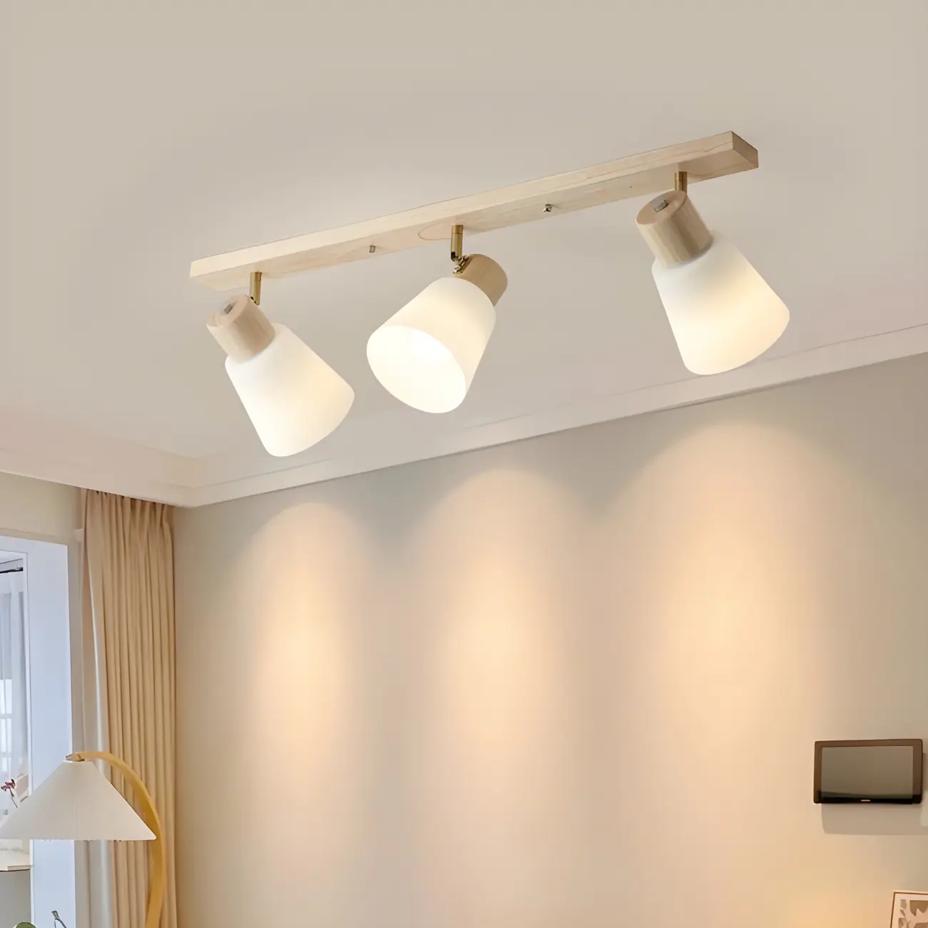 Natural Wood White Cone Glass Adjustable Semi Flush Track Light