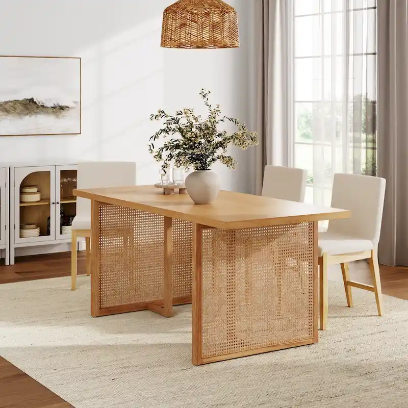 Willow Boho Dining Table for 6 with Solid Wood Legs, Dining Table with Bohemian Rattan Accent