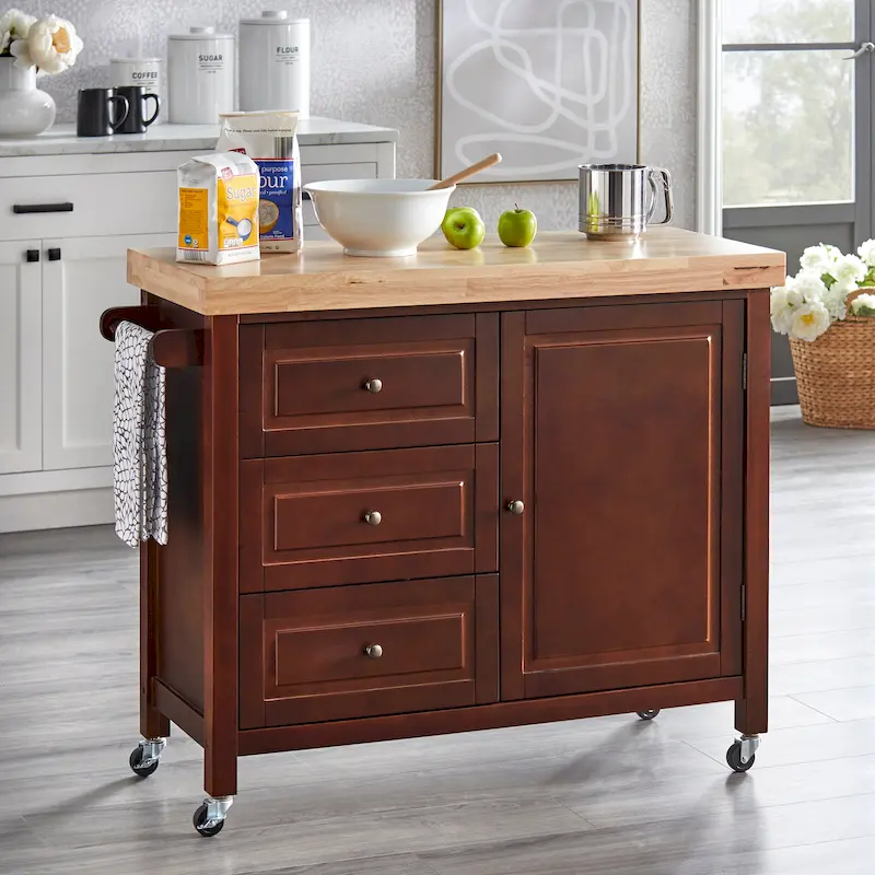 Macaulay Natural Rubberwood Rolling Kitchen Island Cart