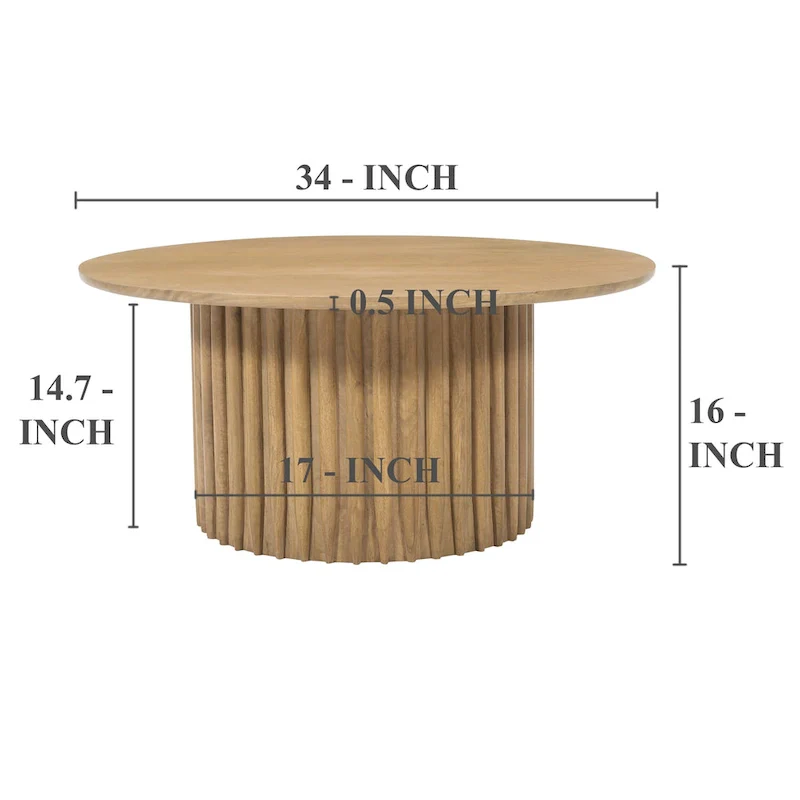 Sejo Coffee Table, 34 Inch Round Top with Fluted Base in Natural Brown Mango Wood
